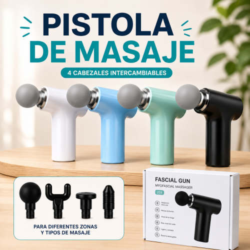 Pistola de masaje con 4 cabezales intercambiables. Ideal para diferentes zonas del cuerpo. Venta por mayoreo Pistola de masaje con 4 cabezales intercambiables. Ideal para diferentes zonas del cuerpo. Venta por mayoreo