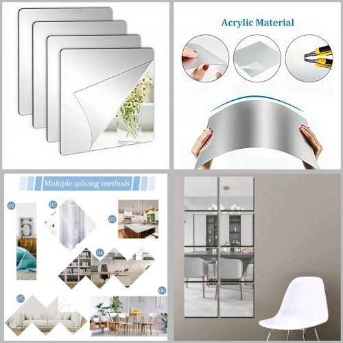 Espejo decorativo de pared acrílico flexible autoadherible 20x20 cm ideal para hogar oficina y decoración moderna. Venta por mayoreo RSD-455