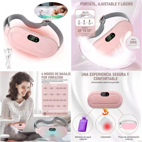 Almohadilla térmica eléctrica con masaje por vibración y calor ajustable. Portátil, ligera y recargable, ideal para aliviar cólicos menstruales, dolores lumbares y abdominales. Venta por mayoreo