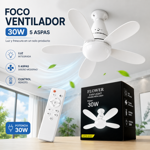 Ventilador de techo con luz integrada y control remoto ideal para ventilación del hogar. Potencia 30W. Diseño moderno. Venta por mayoreo 