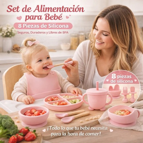 Set de alimentación para bebé de silicona con 8 piezas plato, taza, babero y cubiertos, ideal para iniciar la alimentación, suave y fácil de limpiar. Diseño antiderrames y colores variados. Venta por mayoreo RSD-472