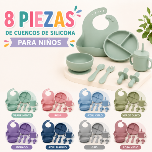 Set de alimentación para bebé de silicona con 8 piezas plato, taza, babero y cubiertos, ideal para iniciar la alimentación, suave y fácil de limpiar. Diseño antiderrames y colores variados. Venta por mayoreo Set de alimentación para bebé de silicona con 8 piezas plato, taza, babero y cubiertos, ideal para iniciar la alimentación, suave y fácil de limpiar. Diseño antiderrames y colores variados. Venta por mayoreo