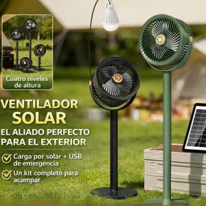 Ventilador con 4 posiciones y foco incluido, funciona con panel solar, ideal para hogar o exterior. Venta por mayoreo RSD-474