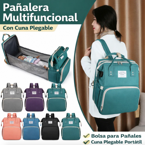 Pañalera multifuncional para bebé con cuna portátil y bolsillos térmicos para biberones. Mochila organizadora ideal para viajes y paseos. Venta por mayoreo RSD-477.