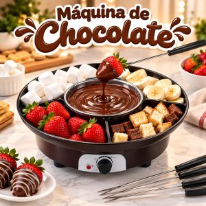 Máquina de fondue de chocolate con bandeja dividida y recipiente central, ideal para servir frutas, malvaviscos y bocadillos. Venta por mayoreo
