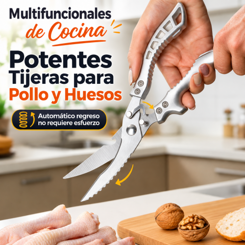 Tijeras multifuncionales de cocina con diseño ergonómico y seguro de bloqueo de acero inoxidable. Ideales para cortar alimentos. Venta por mayoreo