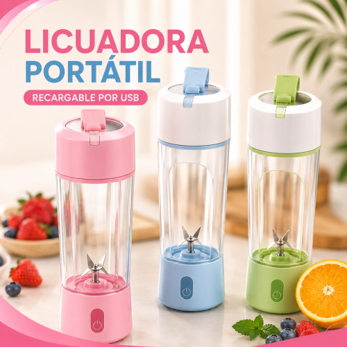 Licuadora portátil recargable por USB en colores variados. Ideal para preparar bebidas de forma práctica. Venta por mayoreo