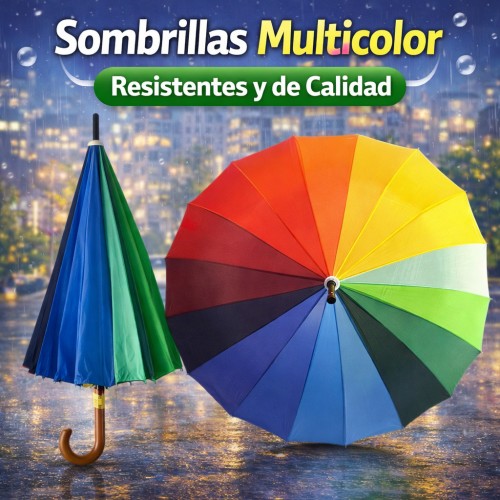 Sombrilla Multicolor Tipo Arcoíris con Mango Curvo por Mayoreo S-40 Sombrilla Multicolor Tipo Arcoíris con Mango Curvo por Mayoreo S-40