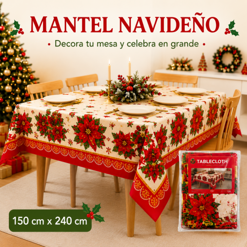 Mantel navideño de 150 x 240 cm con estampados variados. Venta por mayoreo