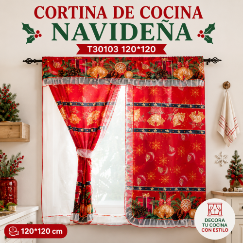 Cortina de cocina navideña de 120 x 120 cm con diseño navideño. Venta por mayoreo Cortina de cocina navideña de 120 x 120 cm con diseño navideño. Venta por mayoreo