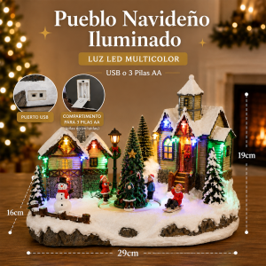 Pueblo navideño iluminado con luz LED multicolor, alimentación USB o 3 pilas AA y medidas de 29 x 16 x 19 cm, ideal para decoración navideña. Venta por mayoreo