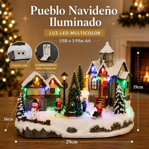 Pueblo navideño iluminado con luz LED multicolor, alimentación USB o 3 pilas AA y medidas de 29 x 16 x 19 cm, ideal para decoración navideña. Venta por mayoreo