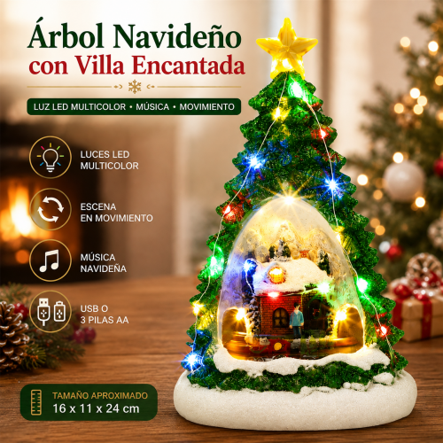 Árbol navideño decorativo con escena de pueblo, luces LED multicolor, música y movimiento, ideal para decoración de Navidad. Venta por mayoreo Árbol navideño decorativo con escena de pueblo, luces LED multicolor, música y movimiento, ideal para decoración de Navidad. Venta por mayoreo