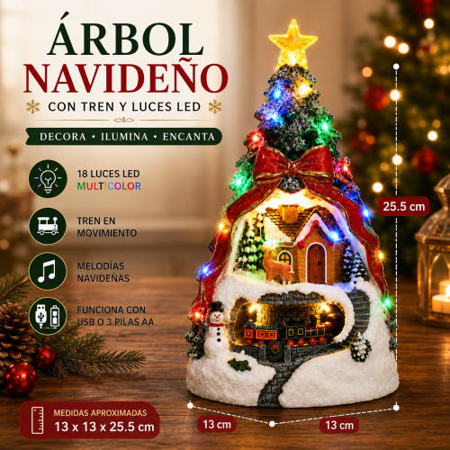 Árbol navideño decorativo con 18 luces LED, 13*13*25.5cm de colores, tren en movimiento y melodías navideñas, ideal para decoración de Navidad. Venta por mayoreo Árbol navideño decorativo con 18 luces LED, 13*13*25.5cm de colores, tren en movimiento y melodías navideñas, ideal para decoración de Navidad. Venta por mayoreo