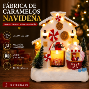 Fábrica de caramelos navideña de resina con luces LED, melodías y alimentación USB o 3 pilas AA, medidas 18.5x12.3x19.5cm. ideal para decoración de Navidad. Venta por mayoreo