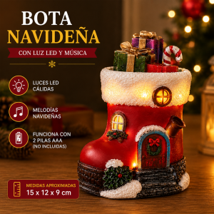 Bota navideña decorativa con luces LED cálidas, melodías navideñas y medida de 15 x 12 x 9 cm, ideal para decoración interior. Venta por mayoreo