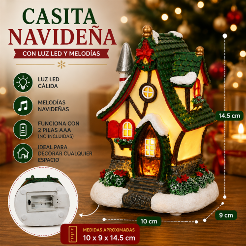 Casita navideña decorativa con luz LED cálida, melodías navideñas y medidas de 10 x 9 x 14.5 cm, ideal para decoración interior. Venta por mayoreo Casita navideña decorativa con luz LED cálida, melodías navideñas y medidas de 10 x 9 x 14.5 cm, ideal para decoración interior. Venta por mayoreo