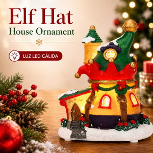 Casa navideña con forma de sombrero de elfo, luz LED cálida y tamaño 15 x 11.7 x 9 cm, ideal para decoración de mesa en Navidad. Venta por mayoreo