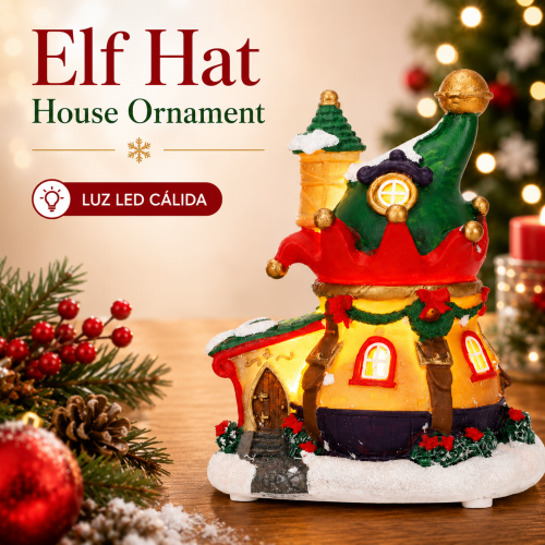 Casa navideña con forma de sombrero de elfo, luz LED cálida y tamaño 15 x 11.7 x 9 cm, ideal para decoración de mesa en Navidad. Venta por mayoreo Casa navideña con forma de sombrero de elfo, luz LED cálida y tamaño 15 x 11.7 x 9 cm, ideal para decoración de mesa en Navidad. Venta por mayoreo
