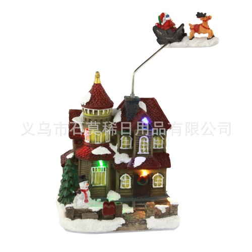 Decoración de centro de mesa de navidad,Papá Noel montando en trineo arriba de la casa con luces led y música con rotación 12.5 x10x19.5CM SDD1181