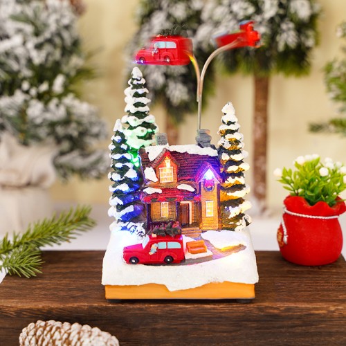 Decoración de centro de mesa de navidad de casa con carro enfrente y rotación en la parte de arriba,con luz led y música 10x12x20CM  SDD1183