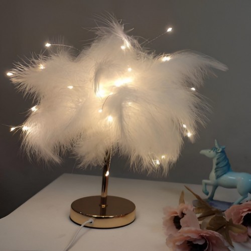 Lámpara de plumas color blanco con poste dorado USB 28*30cm SDD1220