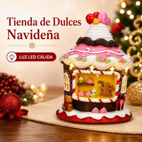 Tienda de dulces navideña de resina con luz LED cálida y tamaño 16 x 11.5 x 11.5 cm, ideal para decoración de temporada. Venta por mayoreo Tienda de dulces navideña de resina con luz LED cálida y tamaño 16 x 11.5 x 11.5 cm, ideal para decoración de temporada. Venta por mayoreo