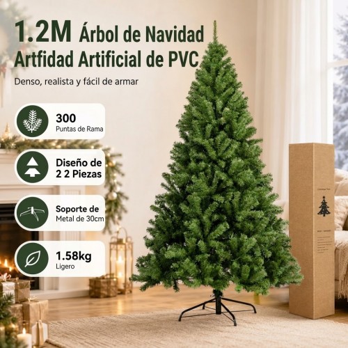 Árbol de Navidad artificial de 120 cm con 300 ramas, diseño tipo pino y base metálica, ideal para decoración navideña en interiores. Venta por mayoreo