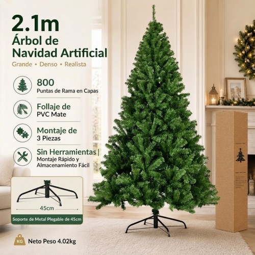 Árbol de Navidad artificial de 210 cm con 800 ramas, diseño tipo pino y base metálica, ideal para decoración navideña en interiores. Venta por mayoreo