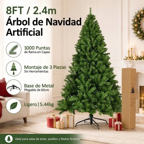 Árbol de Navidad artificial de 240 cm con 1000 ramas y base metálica, ideal para decoración navideña en interiores. Venta por mayoreo