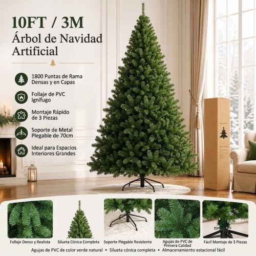 Árbol de Navidad artificial SDS106 de 300 cm con 1800 ramas y base metálica, ideal para decoración navideña en interiores. Venta por mayoreo