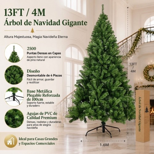 Árbol de Navidad artificial de 400 cm con 2500 ramas y base metálica, ideal para decoración navideña. Venta por mayoreo