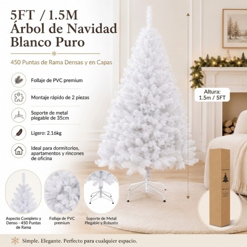 Árbol de Navidad artificial blanco de 150 cm con 450 ramas, ideal para decoración navideña en interiores. Venta por mayoreo Árbol de Navidad artificial blanco de 150 cm con 450 ramas, ideal para decoración navideña en interiores. Venta por mayoreo