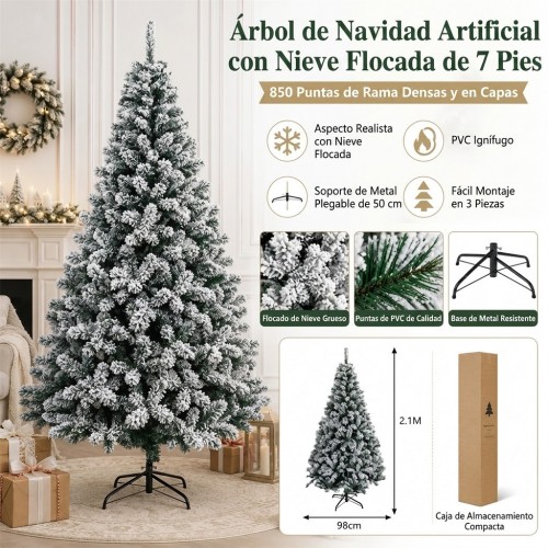 Árbol de Navidad artificial nevado de 2.1 m con 850 puntas de ramas, acabado tipo nieve, base metálica plegable y armado en 3 secciones. Venta por mayoreo