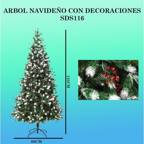 Árbol navideño con puntas nevadas y adornos de piñas y frutos 120cm SDS116