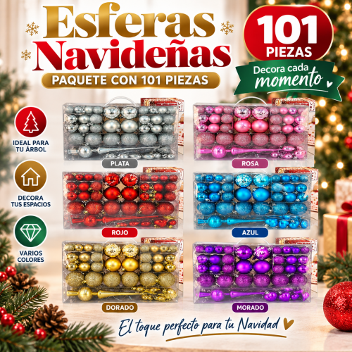 Paquete de esferas navideñas con 101 piezas. Colores variados, ideal para decorar árbol y espacios en Navidad. Venta por mayoreo
