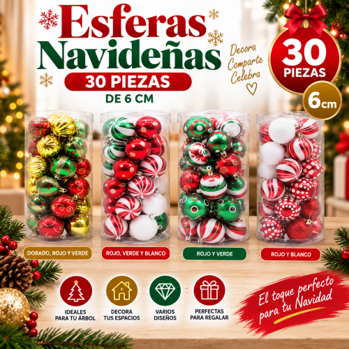 Esferas navideñas de 6 cm de 30 piezas con diseños y colores surtidos, ideales para decorar árbol y espacios en Navidad. Venta por mayoreo Esferas navideñas de 6 cm de 30 piezas con diseños y colores surtidos, ideales para decorar árbol y espacios en Navidad. Venta por mayoreo