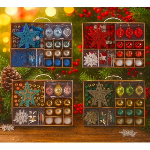 Set completo de decoración navideña SDS4152 – Esferas, estrella y adornos colgantes para árbol de Navidad – Disponible en varios colores Venta al por mayor  SDS4152