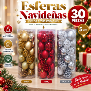 Esferas navideñas de 5 cm en presentación de 30 piezas, ideales para decorar árbol y espacios en Navidad. Venta por mayoreo