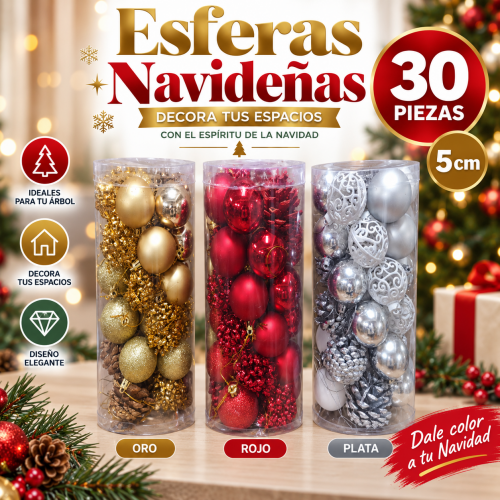 Esferas navideñas de 5 cm en presentación de 30 piezas, ideales para decorar árbol y espacios en Navidad. Venta por mayoreo Esferas navideñas de 5 cm en presentación de 30 piezas, ideales para decorar árbol y espacios en Navidad. Venta por mayoreo