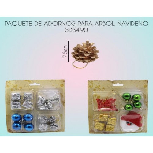  Paquete de adornos para árbol (piñas,cajitas,esferas,campana,mariposa,santa claus) SDS490