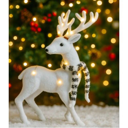 Reno decorativo navideño blanco con luces LED – Figura iluminada con bufanda de invierno – Adorno elegante para interiores, mesas o vitrinas 45*33cm Venta al por mayor SDS504