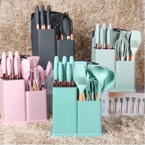 Set de utensilios de silicón con base. Incluye espátulas, cucharones y pinzas. Colores variados. Venta al por mayor 