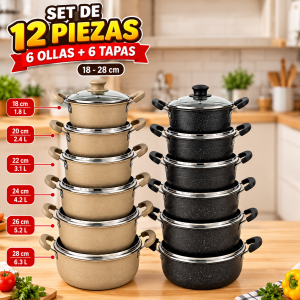 Batería de Cocina Antiadherente de 12 Piezas con 6 Ollas y Tapas de Vidrio de 18 a 28 cm por Mayoreo