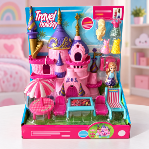 Set de castillo de juguete con muñeca, vestidos, muebles y accesorios para jugar a las casitas y crear historias. Venta por mayoreo