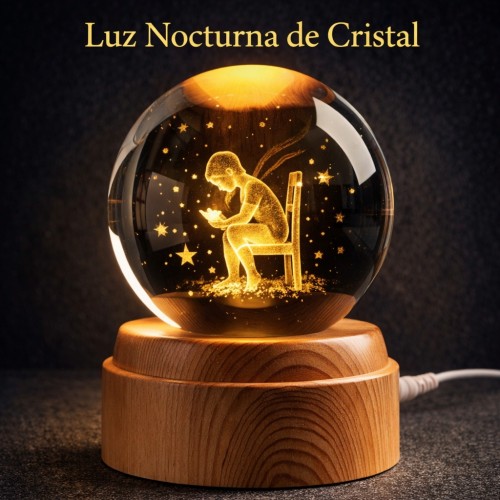 Lámpara LED Esfera de Cristal 3D Niño con Mariposa Base de Madera Venta por Mayoreo SJQ002