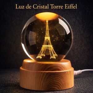Lámpara LED Esfera de Cristal 3D Torre Eiffel con Base de Madera Venta por Mayoreo SJQ003