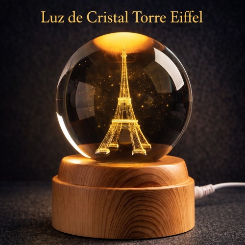 Lámpara LED Esfera de Cristal 3D Torre Eiffel con Base de Madera Venta por Mayoreo SJQ003