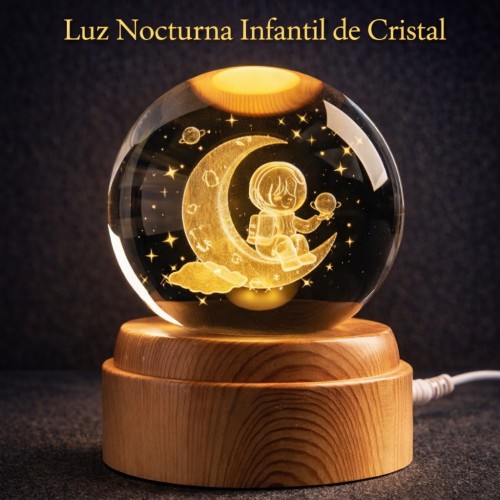 Lámpara LED Esfera de Cristal 3D Niño en la Luna con Base de Madera Venta por Mayoreo SJQ006