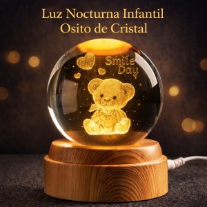 Lámpara LED Esfera de Cristal 3D Osito Teddy con Base de Madera Venta por Mayoreo SJQ007